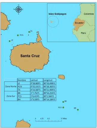Figura 1. Puntos de muestreo y sus coordenadas. El muestreo se realizó en los bajos alrededor de la Isla Santa  Cruz, una de las islas más grandes e importantes de las Islas Galápagos
