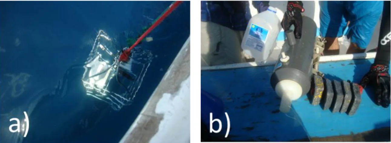 Figura  2.  CTD  (a)  y  Botella  Niskin  (b).El  CTD  se  lanzó  a  50  m  de  profundidad  para  medir  temperatura,  salinidad  y  máximo  de  fluorescencia