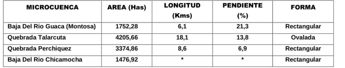 Tabla No 17. Característica De Las Microcuencas 