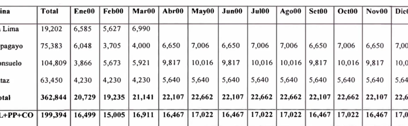 Tabla VIII. Programa de producción mensual de 2000 por Minas 