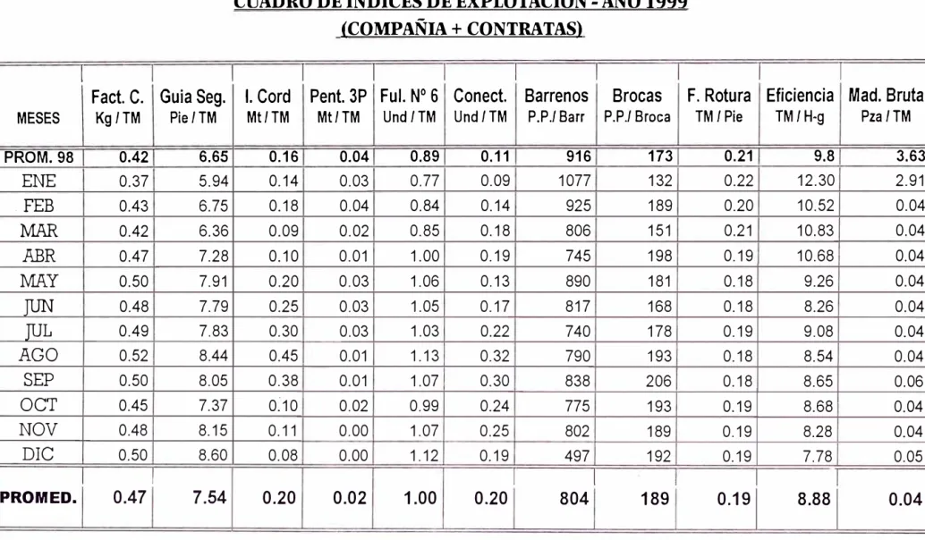 CUADRO DE INDICES DE EXPLOTACION -AÑO 1999  (COMPAÑIA+ CONTRATAS) 