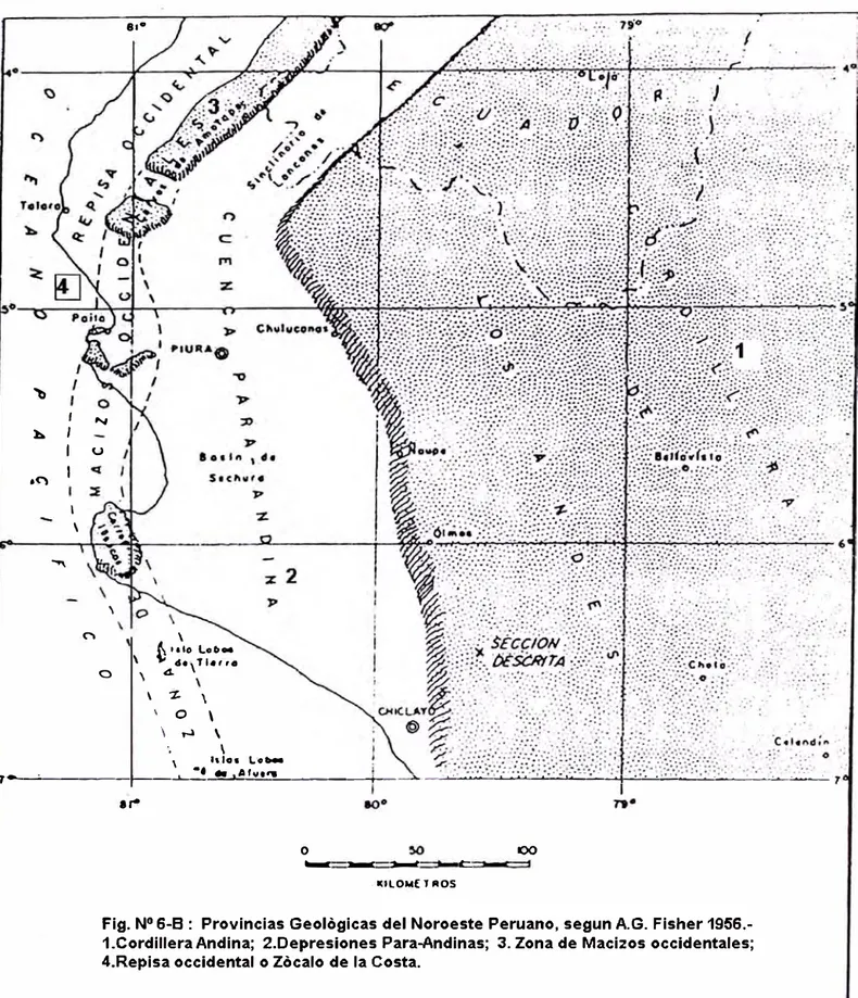 Fig. N 8  6-8 :  Provincias Geologicas del Noroeste Peruano, segun A.G. Fisher 1956.- 1956.-1.Cordillera Andina;  2.Depresiones Para-Andinas;  3