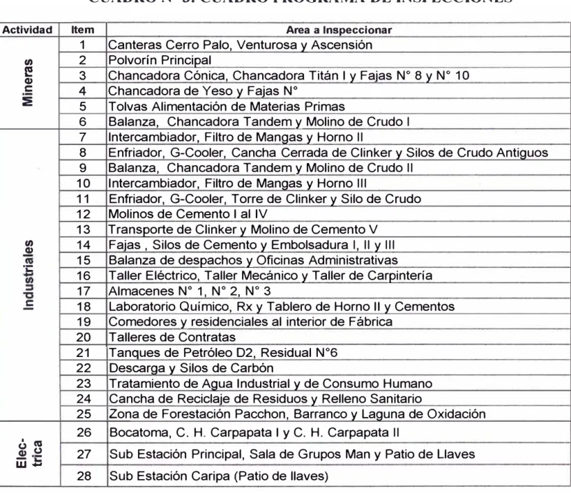 CUADRO N º  3: CUADRO PROGRAMA DE INSPECCIONES 