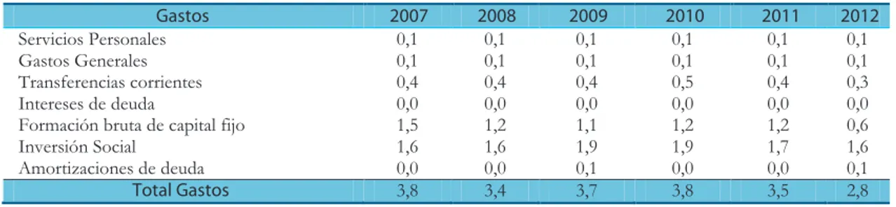 Tabla 10. Gastos de los gobiernos departamentales como porcentaje del PIB