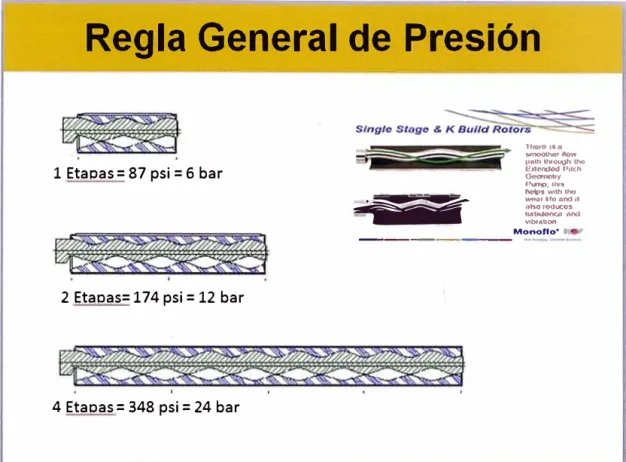 Fig.  3.9  Regla general  de presión  con respecto al  número de etapas de  una  bomba de  cavidad progresiva tipo tomillo helicoidal 