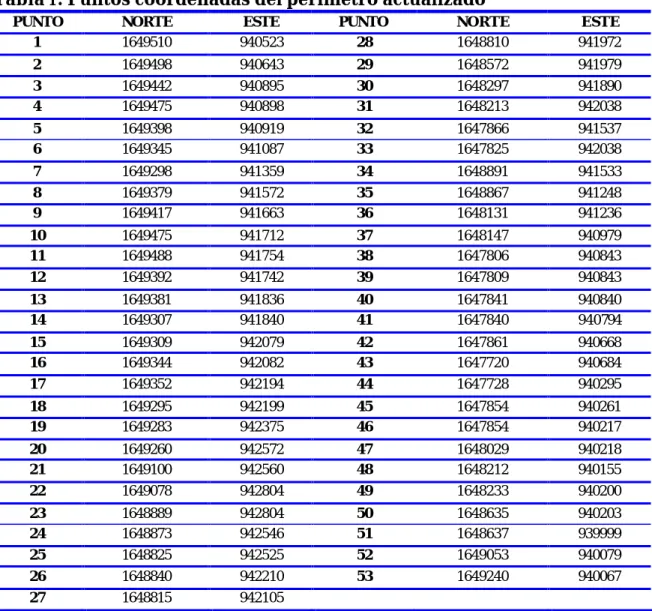 Tabla 1. Puntos coordenadas del perímetro actualizado 