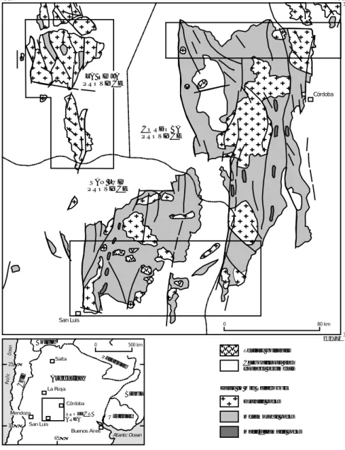 Figure a.  Location of the three project areas and simplified regional geology of the southern Sierras  Pampeanas 