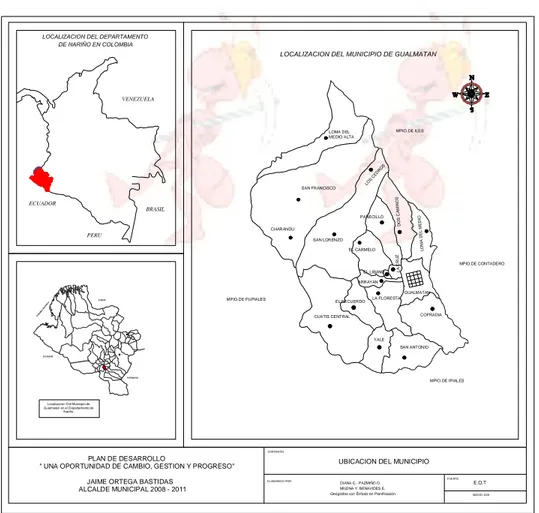 Figura 1. Mapa de Localización Geográfica del Municipio de Gualmatán  GUALMATAN LA FLORESTAARRAYANEL LIBANO CLARUZ LOMA DEL MEDIODOS CAMINOSPANECILLOEL CARMELO EL RECUERDO CUATIS CENTRALSAN LORENZO LO S  C E D R O SCHARANDUSAN FRANCISCOLOMA DEL MEDIO ALTA 