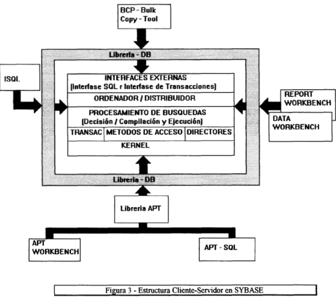 Figura  3  -  Estructura  Cliente-Servidor  en  SYBASE  I  Para  comprender  más a  fondo  tanto  al  Servidor  SQL  como  a  las  Herramientas  SQL,  daremos una descripción  un  poco  más  detallada