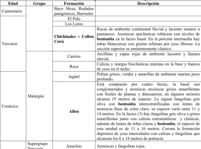 Cuadro estratigráfico simplificado de la Cuenca Neuquina 