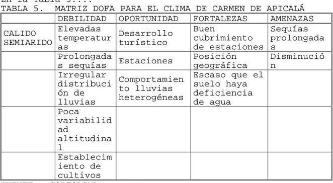 TABLA 5.  MATRIZ DOFA PARA EL CLIMA DE CARMEN DE APICALÁ 