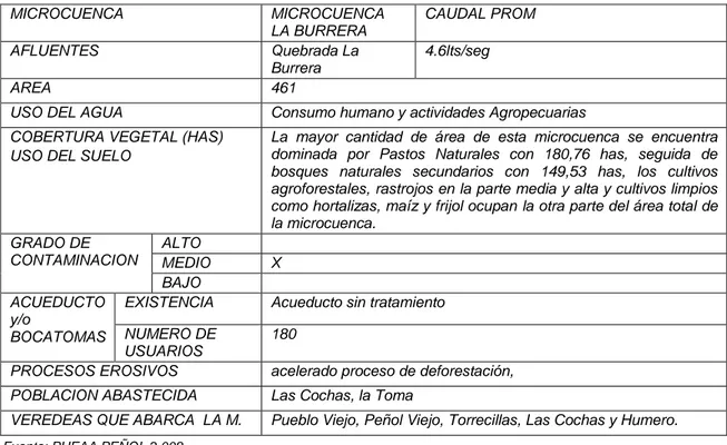 Tabla 5 Resumen principales características de la Microcuenca la Burrera 