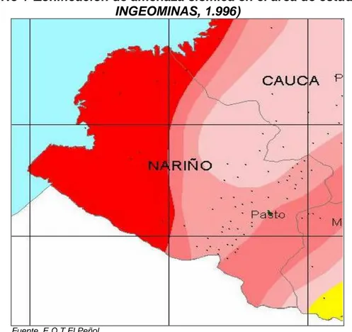 Figura No 1  Zonificación de amenaza sísmica en el área de estudio (AIS,  INGEOMINAS, 1.996) 