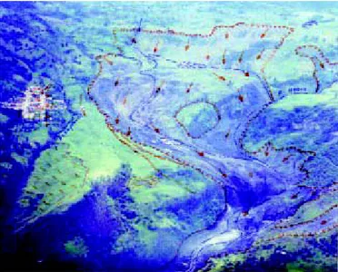 Figura 23.  Vista aérea del deslizamiento de San Cayetano, con indicación de la dirección del