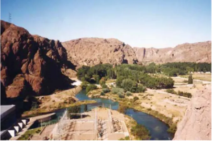 Figura 2. Mantos de ignimbritas riolíticas de la Formación Marifil en el valle del río Chubut (Villa y usina del dique 