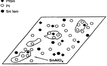 Figura 1.3  Esquema propuesto para la  estructura  superficial de un catalizador  de  baja relación (1  :  1) Pt/Sn-Alúmina