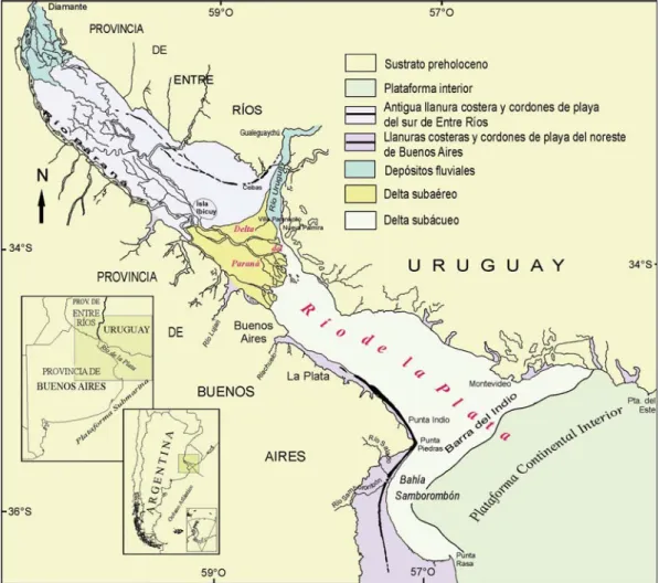 Figura 1. Mapa geológico-morfológico regional del río de la Plata, delta y ambientes asociados (adaptado de Cavallotto y Violante, 2005).