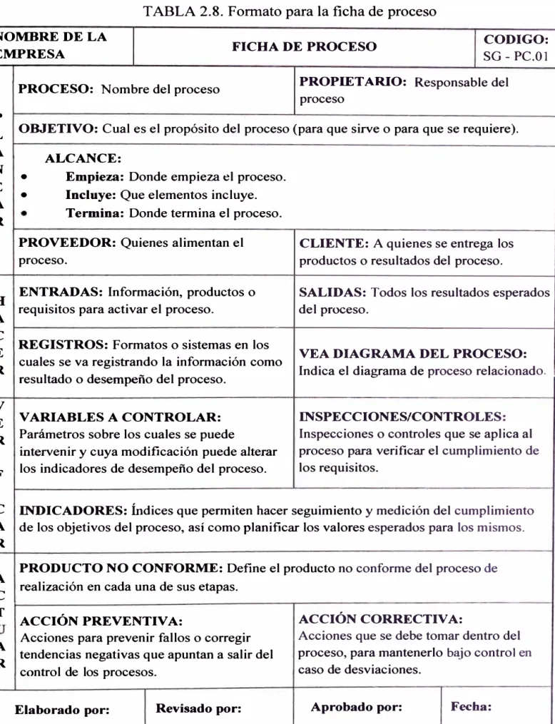 TABLA 2.8. Formato para la ficha de proceso 