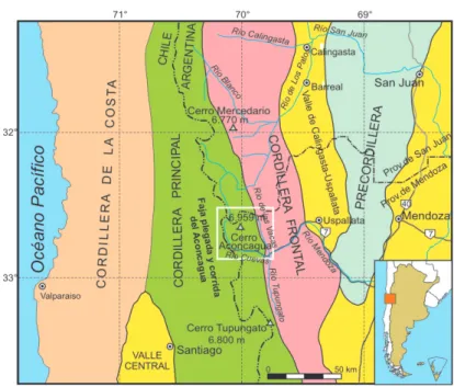 Figura 1. Esquema de ubicación del cerro Aconcagua en el contexto de las distintas provincias geológicas que componen los Andes Centrales de Argentina y Chile