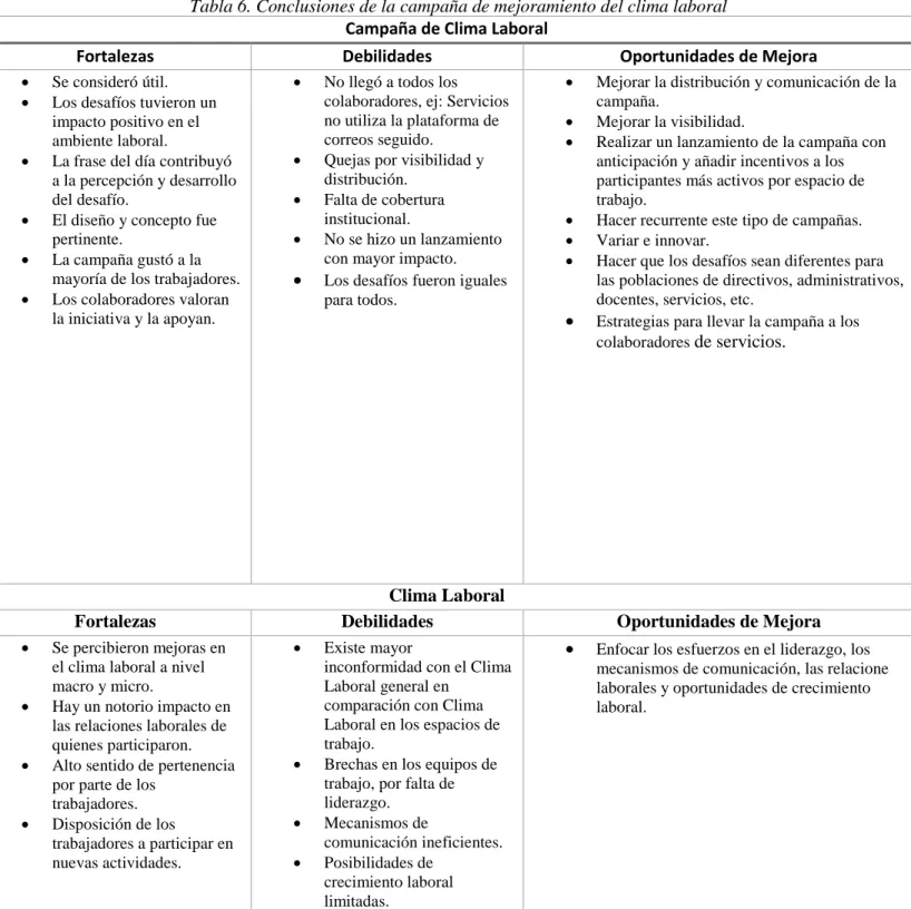 Tabla 6. Conclusiones de la campaña de mejoramiento del clima laboral  Campaña de Clima Laboral 