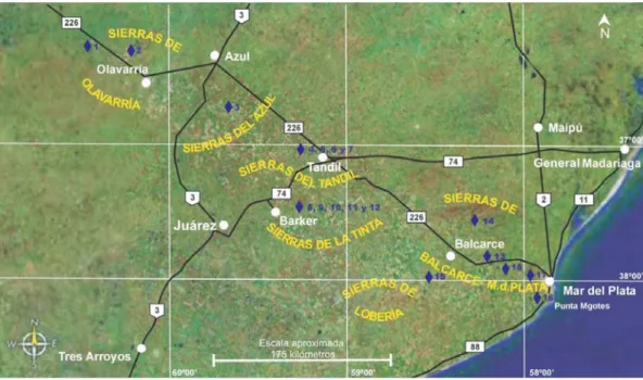 Figura 2. Grupos orográficos principales de Tandilia y ubicación de distintos lugares de interés geológico (Imagen 2006 MDA EarthSat).