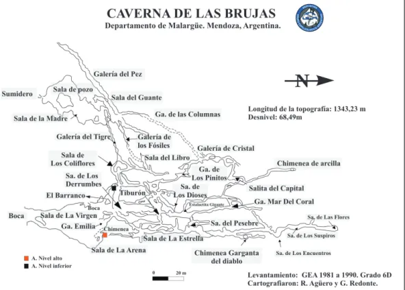 Figura 2. Topografía en planta de la caverna de Las Brujas, modificado de GEA (1990). Referencias:  Ga.: gatera,  Sa.: sala (también galerías).