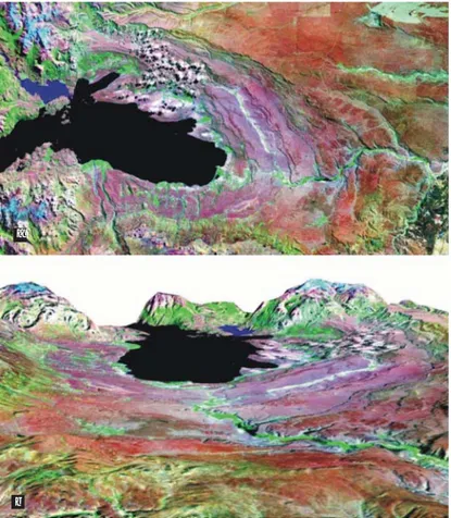 Figura 6. a) Imagen satelital Landsat y b) Vista en perspecti- perspecti-va de la imagen con el agregado de información sobre el relieve de la zona