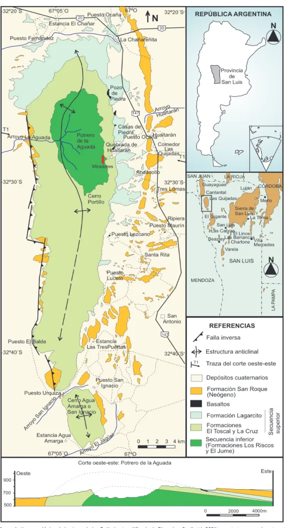 Figura 1. Mapa geológico de la sierra de las Quijadas (modificado de Rivarola y Spalletti, 2006) y corte transversal oeste–este a la altura del Potrero de la Aguada, mostrando que la sierra conforma un plegamiento del tipo anticlinal asimétrico.