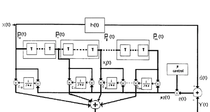 Figura  5.2  Estructura  modular  del filtro  adaptable  analógico  con  control  de  convergencia  p  de pa50  variable 