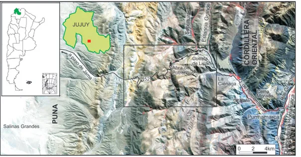 Figura 2. El mejor lugar para apreciar la discordancia Tilcárica está sobre la ruta provincial 52, que une Purmamarca con el paso de Jama, punto fronterizo con la República de Chile