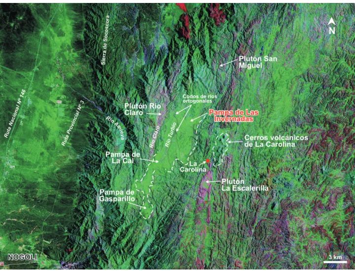 Figura 5. Imagen satelital LANDSAT 7 del sector centro-oeste de la Sierra de San Luis que comprende la pampa de Las Invernadas y áreas vecinas