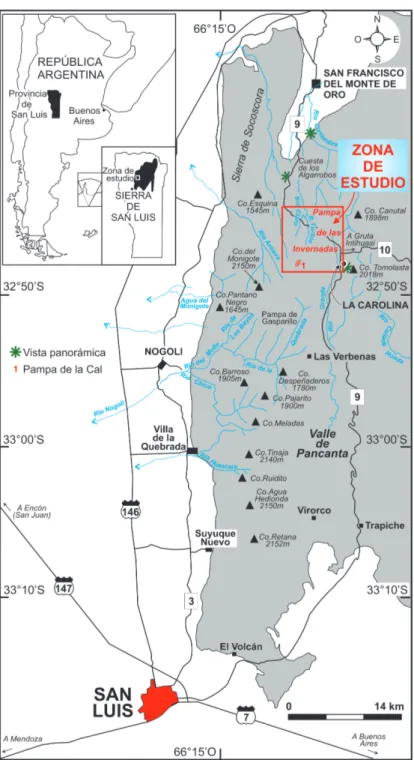 Figura 2. Mapa de ubicación de la pampa de Las Invernadas en la región occidental de la sierra de San Luis