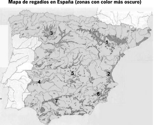 Gráfico 1: Observa la siguiente imagen y responde las preguntas que se plantean a continuación: (20 puntos)  Mapa de regadíos en España (zonas con color más oscuro) 