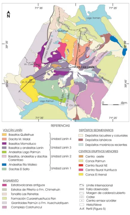 Figura 4. Mapa geológico del volcán Lanín (modificado de Lara y otros, 2004).