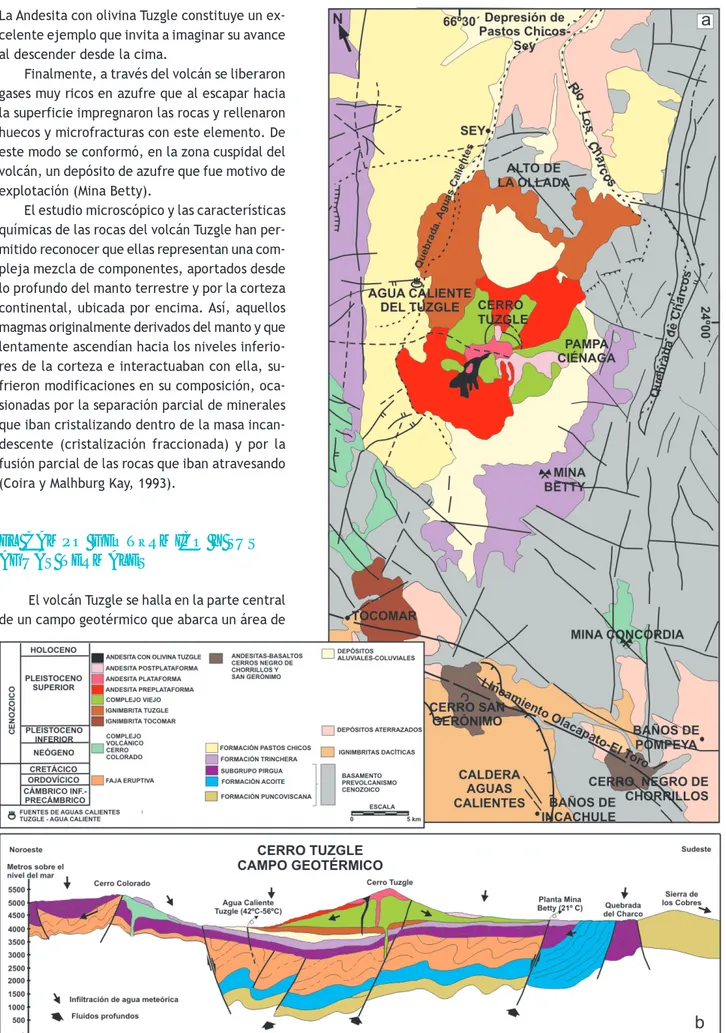 Figura 4. a. Geología del área del volcán Tuzgle, b. Perfil geológico esquemático con la circulación de fluidos geotermales (Coira, 1995).