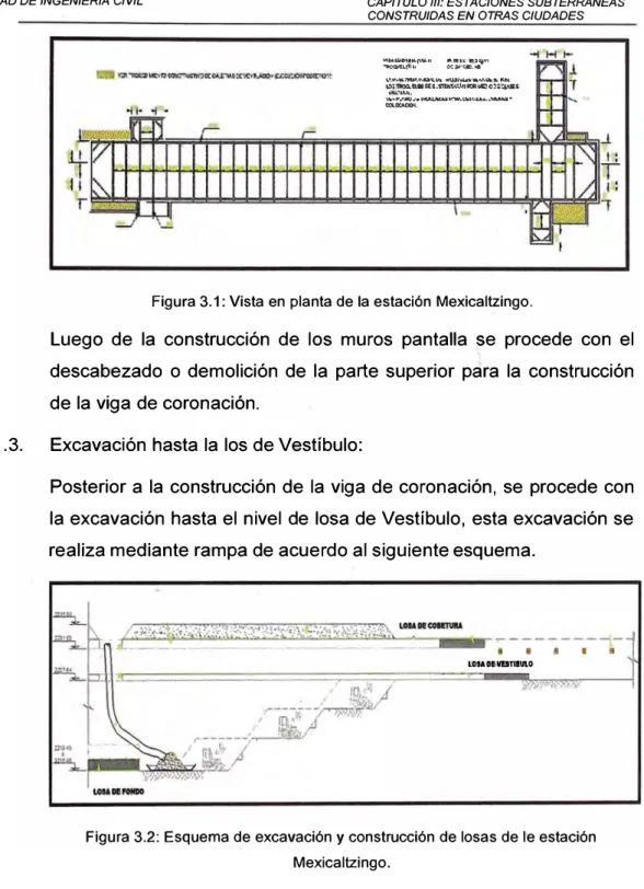 Figura 3.2: Esquema de excavación y construcción de losas de le estación  Mexicaltzingo