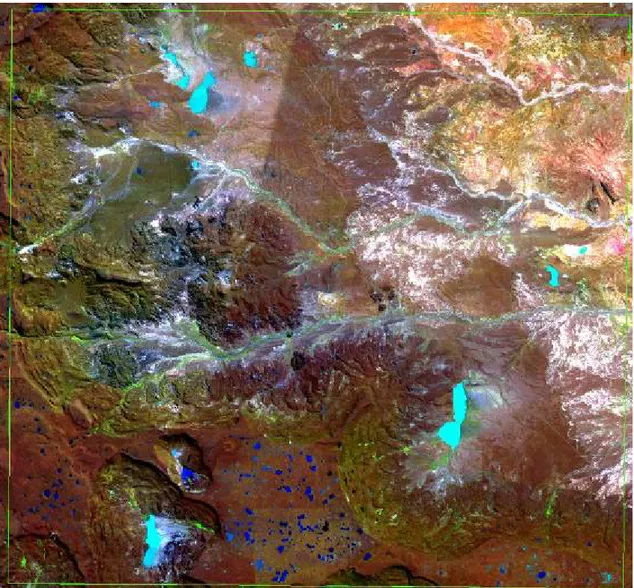 Figura 8: Imagen ASTER 4 3 1, corregida con puntos de control de campo. El marco verde señala la zona  de trabajo