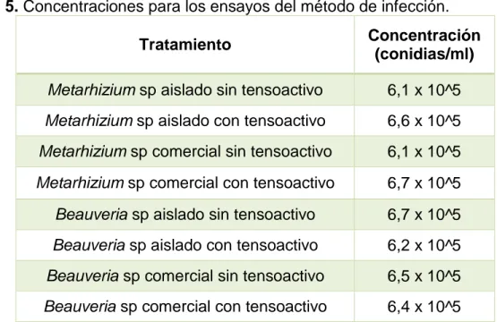 Tabla 5. Concentraciones para los ensayos del método de infección.  