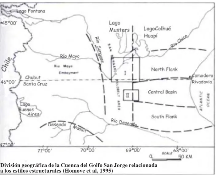 Figura 23: Cuenca del golfo  San Jorge, con sus divisiones: flanco norte, centro de cuenca, flanco sur y área de costa afuera