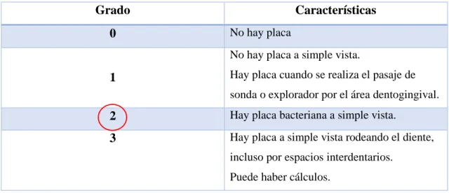 Tabla 8. Criterios clínicos para el índice de Placa (Löe y Silness) . 