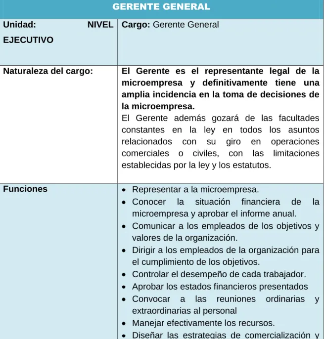 Tabla 4.1 Funciones del Gerente General  GERENTE GENERAL 