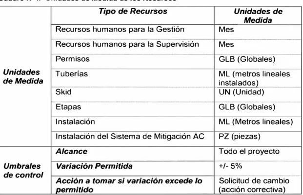Cuadro N º 4.- Unidades de Medida de los Recursos 