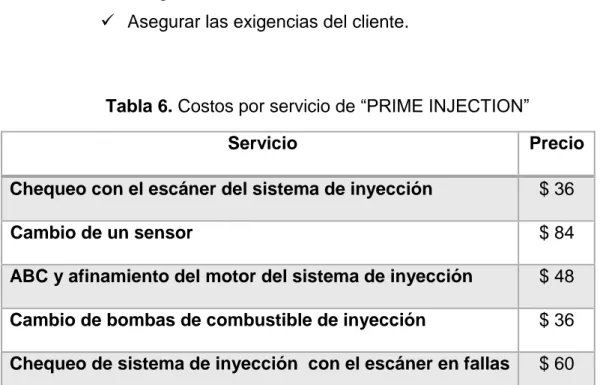 Tabla 6. Costos por servicio de “PRIME INJECTION” 
