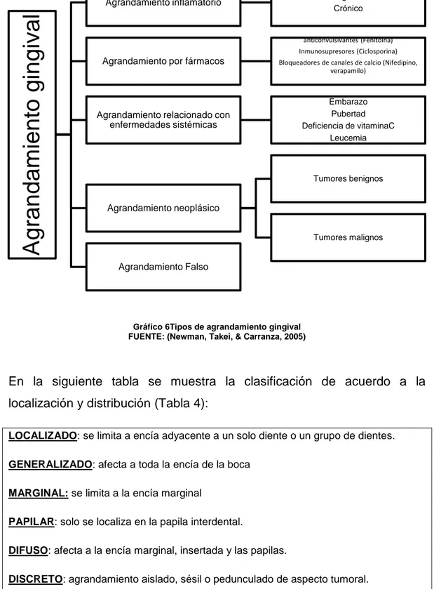 Tabla 4Clasificación del agrandamiento gingival de acuerdo a la localización y distribución  Fuente: (Carranza &amp; Snajder, 1996)