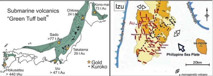 Figure 1. Location of major gold districts and distribution of submarine volcanic belt (Left) and geological setting of epithermal gold veins in Izu peninsula (Right).