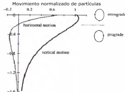 Figura 3.5:  Ondas Rayleigh y movimiento de partículas.  Desplazamientos  horizontales y verticales normalizados con respecto a desplazamientos verticales 