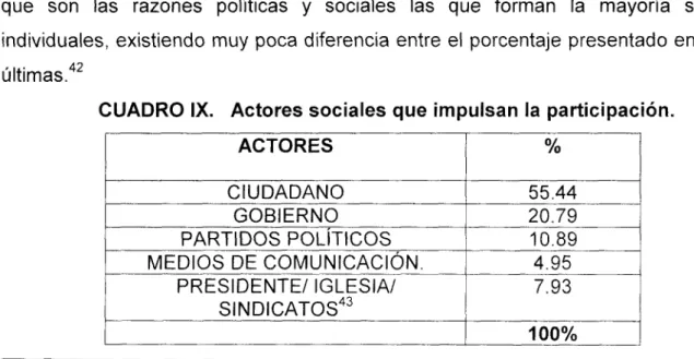 CUADRO IX.  Actores sociales que impulsan la participación. 