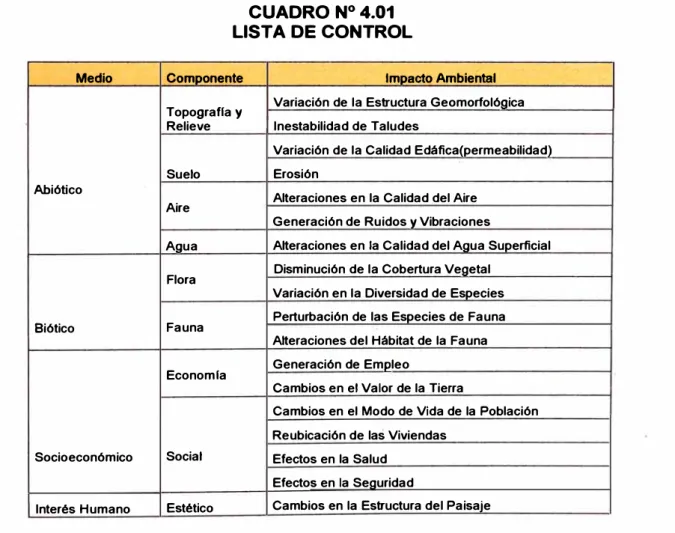 CUADRO N º  4.01  LISTA DE CONTROL 