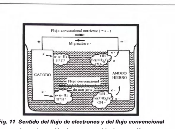 Fig.  11  Sentido del flujo de electrones y del flujo convencional  de corriente eléctrica  en  una celda de corrosión 