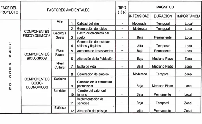 CUADRO N º  3  IDENTIFICACION DE IMPACTOS AMBIENTALES POTENCIALES - ETAPA DE CONSTRUCCION  FASE DEL 